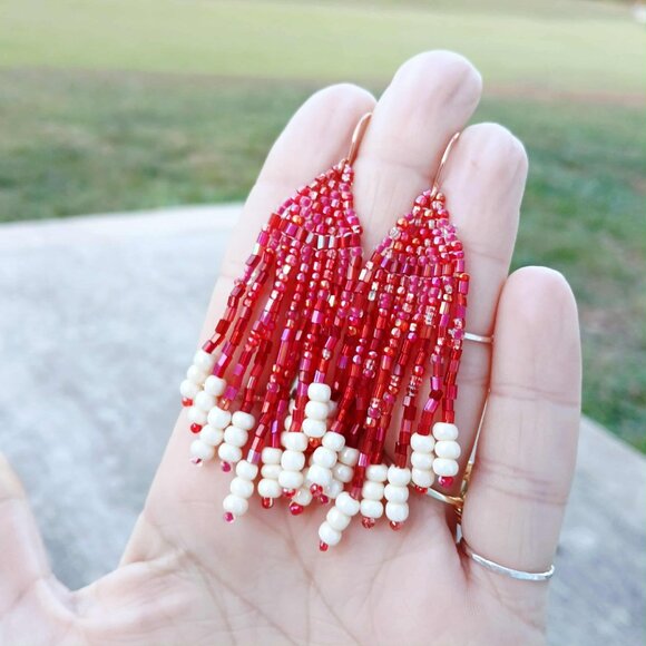 Christmas Beaded Fringe Dangle Earrings, Red & White, 3" - Picture 5 of 8